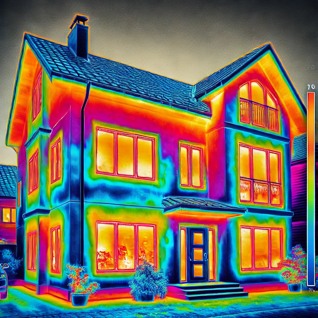 DALL·E 2024-10-31 21.06.51 - A high-resolution thermographic image of a residential building exterior showing thermal variations. The image highlights areas of heat loss, with war